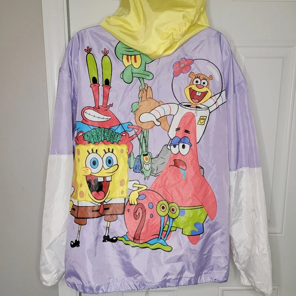 Nickelodeon Spongebob Squarepants Cast Colorblock Windbreaker Jacket Hood L - Picture 1 of 9